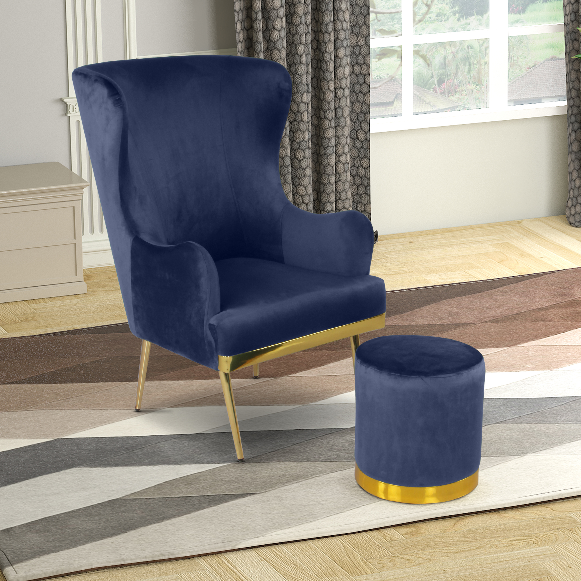 Primrose Camilla Wing Chair With Ottoman for Living Room Bedroom High Back Arm Rest Chair - Blue